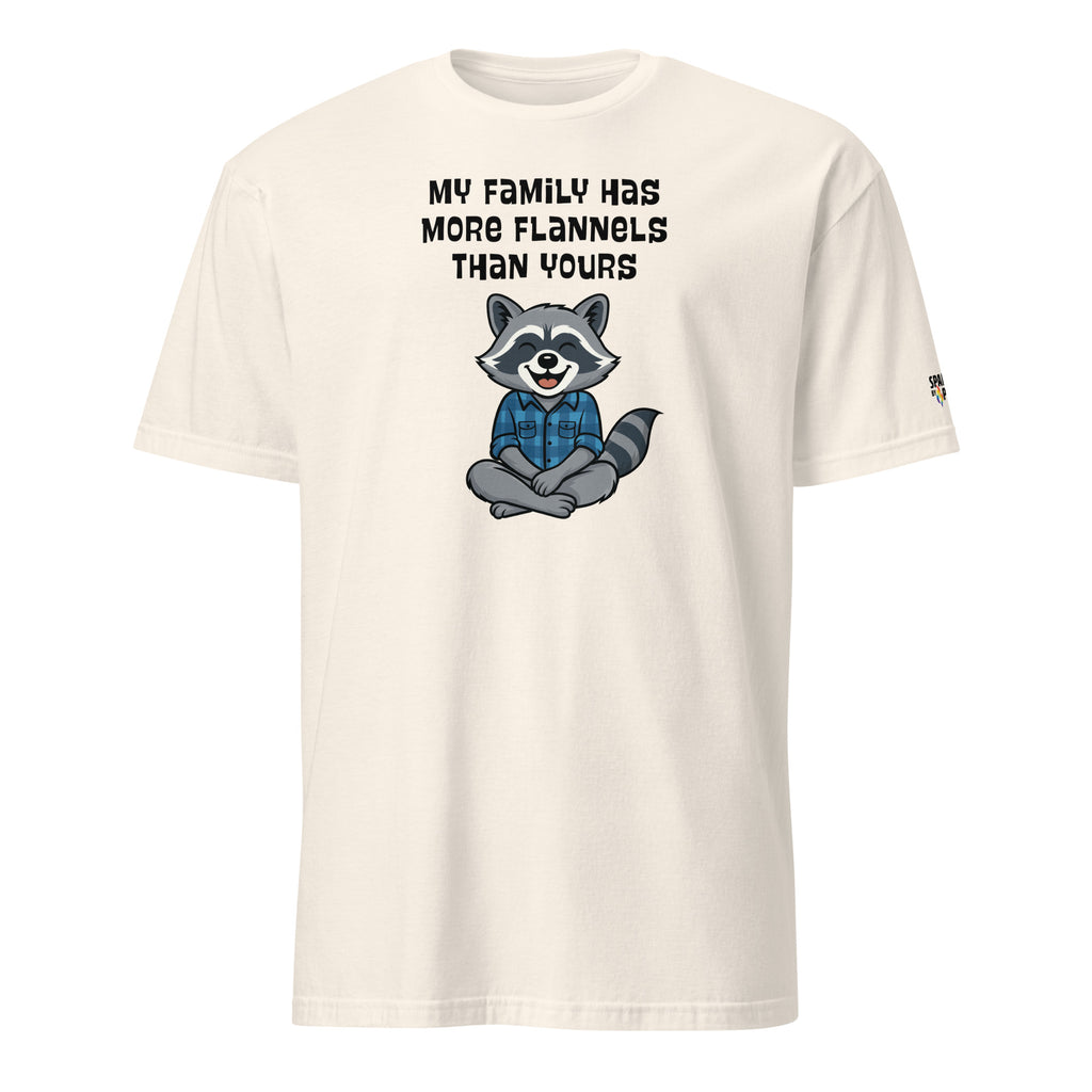 Ivory Flannel Family Raccoon T-Shirt with cozy raccoon in plaid, relaxed unisex fit by Sparked By Pride