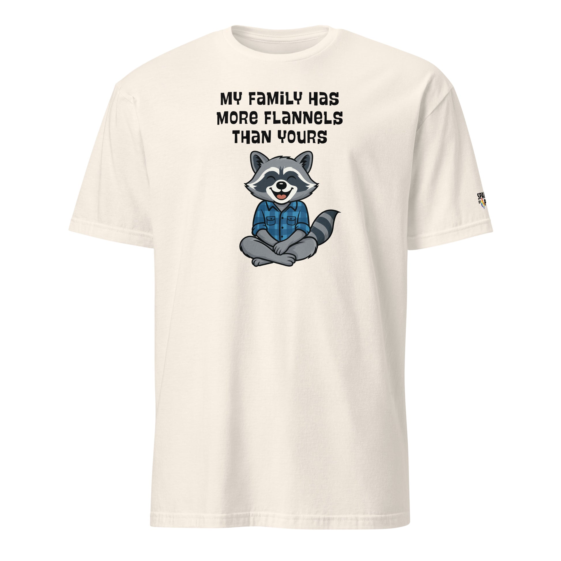 Ivory Flannel Family Raccoon T-Shirt with cozy raccoon in plaid, relaxed unisex fit by Sparked By Pride