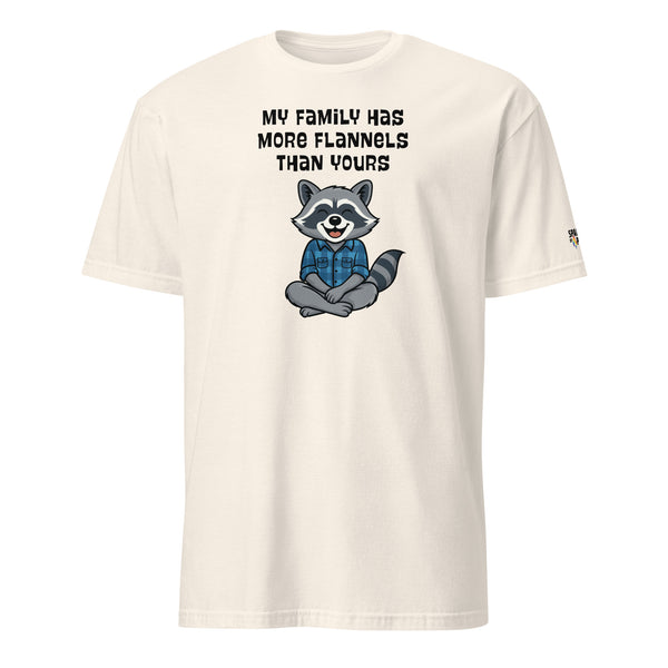 Ivory Flannel Family Raccoon T-Shirt with cozy raccoon in plaid, relaxed unisex fit by Sparked By Pride