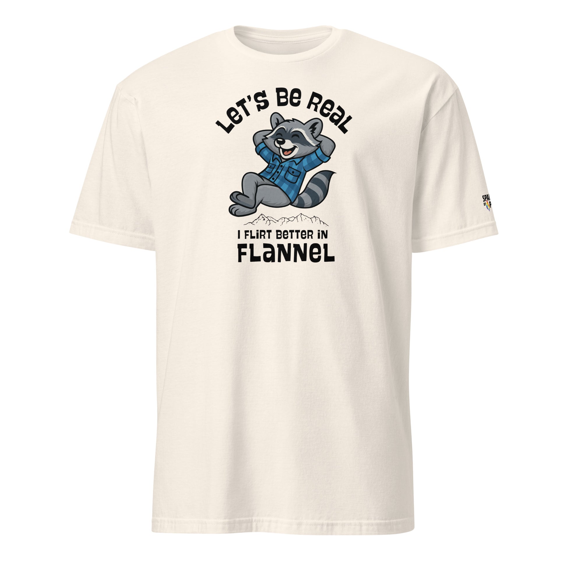 Flannel Effect Raccoon T-Shirt with cheeky graphic, soft unisex fit, made to order LGBTQ apparel by Sparked By Pride