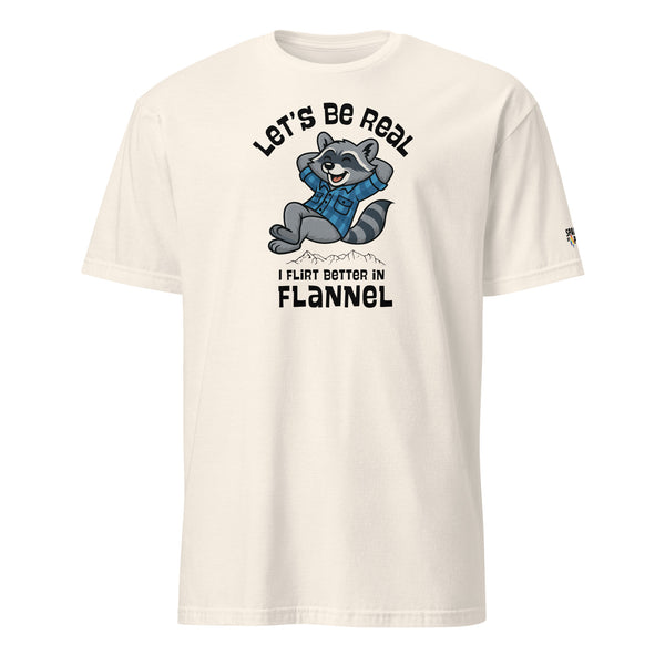Flannel Effect Raccoon T-Shirt with cheeky graphic, soft unisex fit, made to order LGBTQ apparel by Sparked By Pride