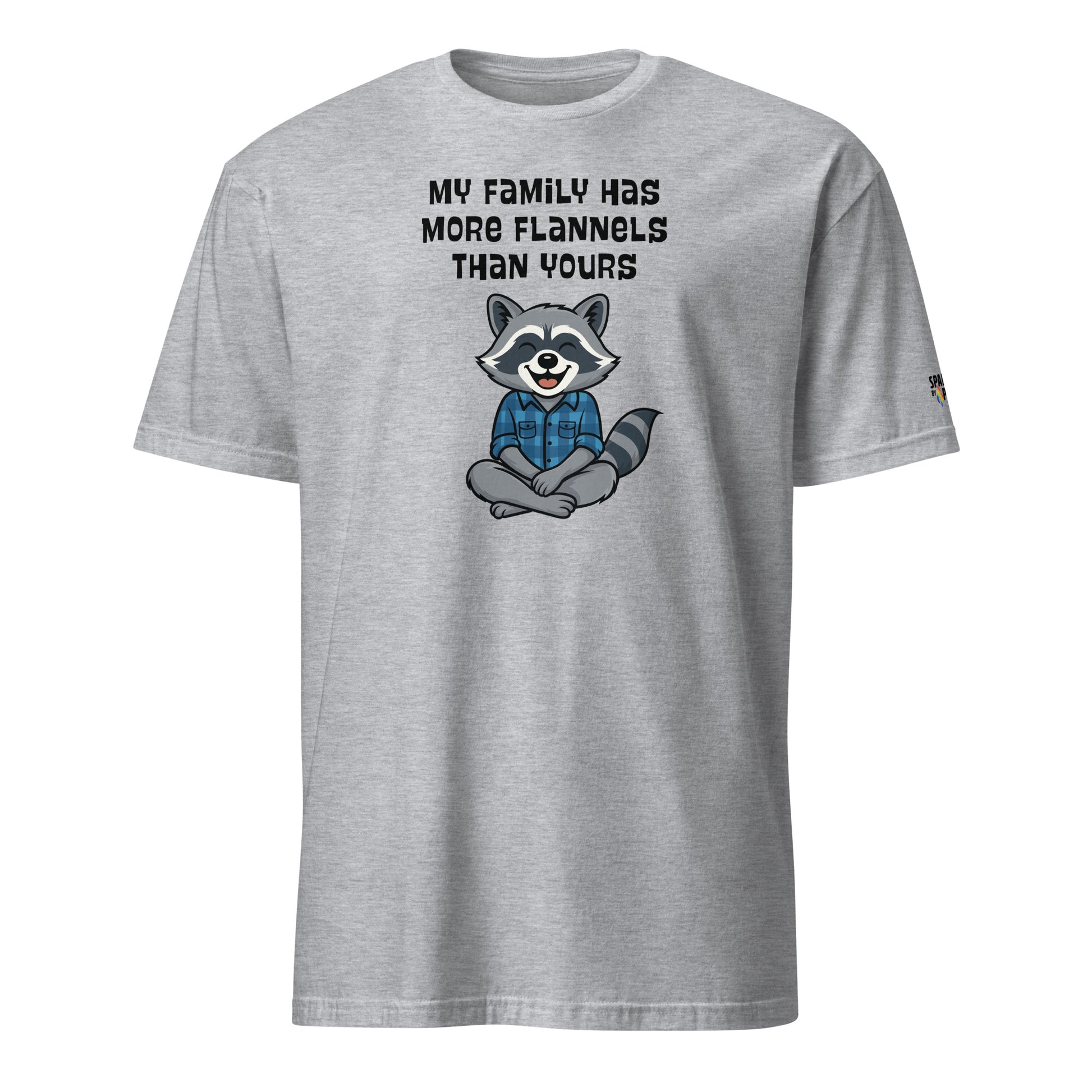 Grey Flannel Family Raccoon T-Shirt with checkered raccoon graphic, soft unisex fit by Sparked By Pride
