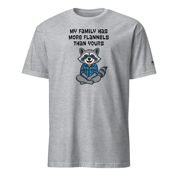 Grey Flannel Family Raccoon T-Shirt with checkered raccoon graphic, soft unisex fit by Sparked By Pride