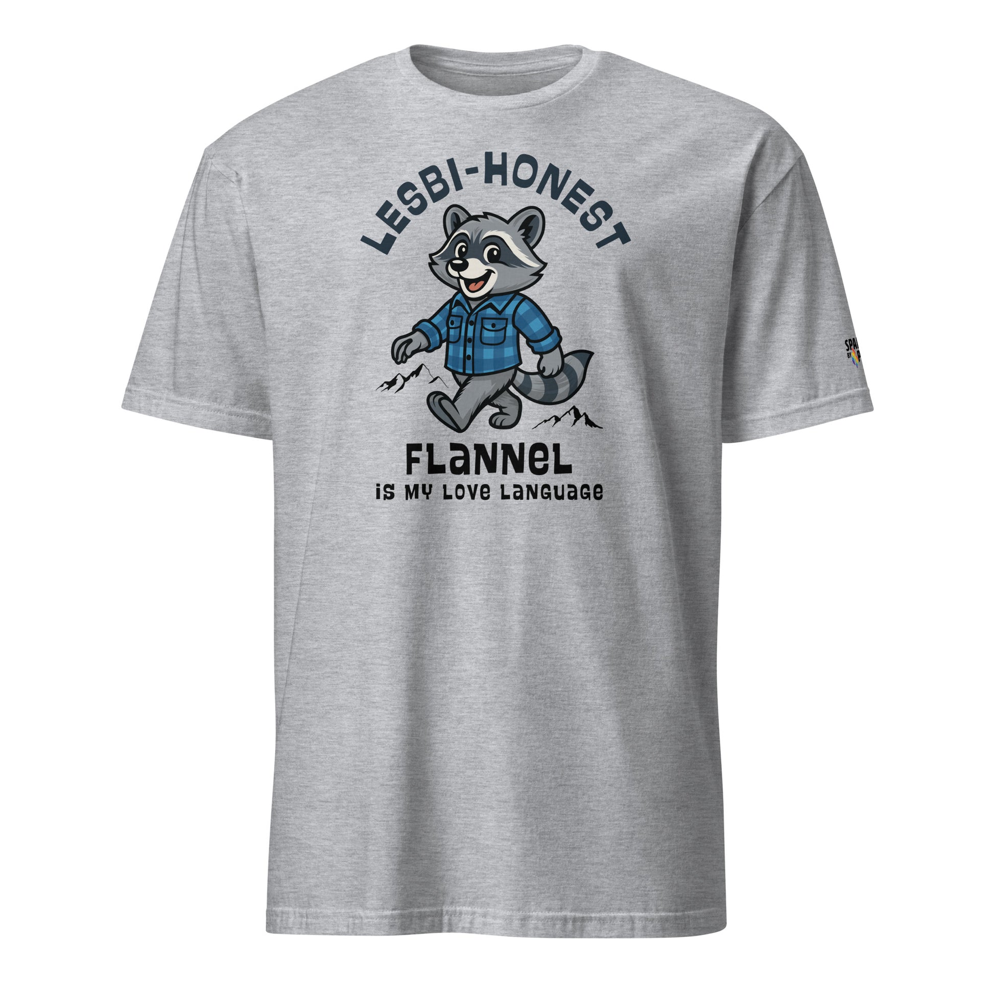 Grey Lesbi-Hoenst Flannel is My Love Language T-Shirt with sapphic raccoon graphic wearing a blue and black flannel, unisex pride tee by Sparked By Pride