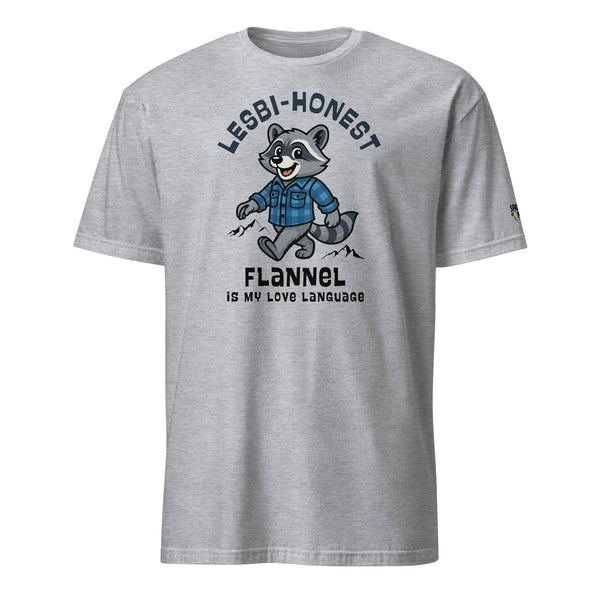 Grey Lesbi-Hoenst Flannel is My Love Language T-Shirt with sapphic raccoon graphic wearing a blue and black flannel, unisex pride tee by Sparked By Pride