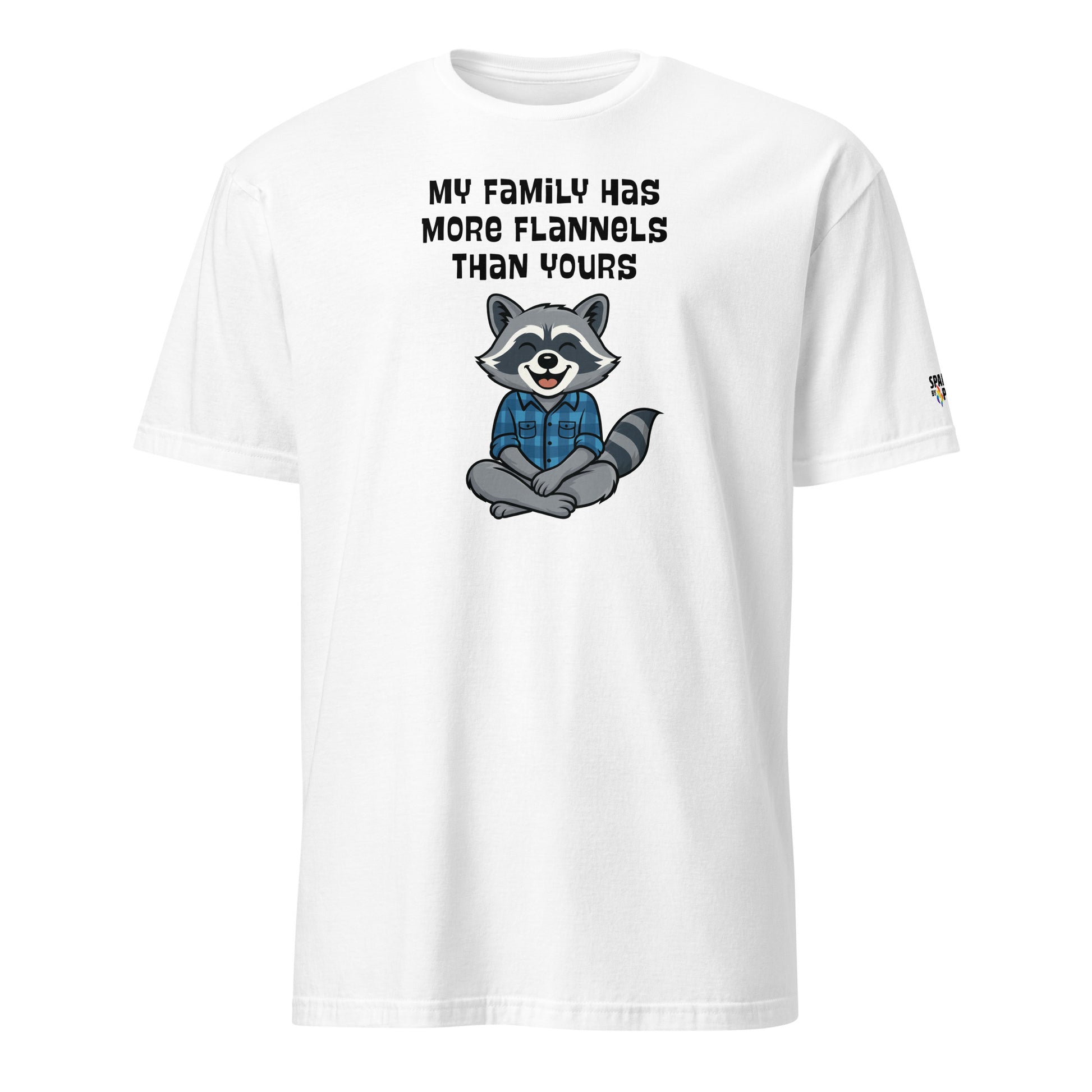 White Flannel Family Raccoon T-Shirt with cheeky raccoon in plaid, unisex comfort by Sparked By Pride