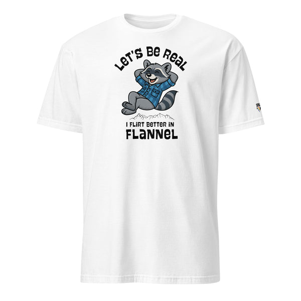 White Flannel Effect Raccoon T-Shirt with cheeky plaid raccoon graphic by Sparked By Pride