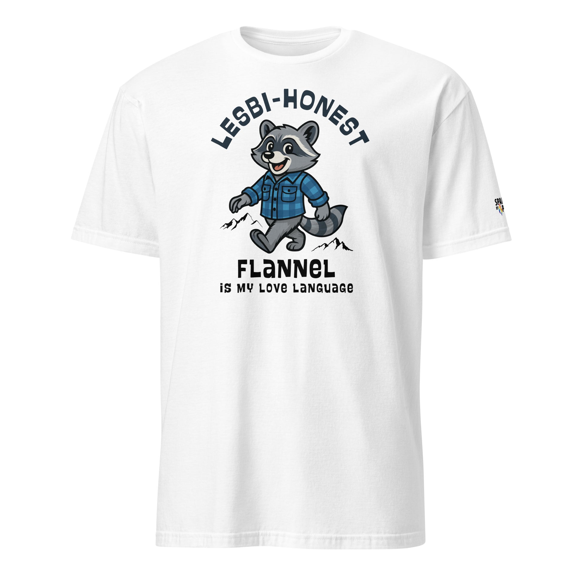 White unisex t-shirt with Lesbi-Honest Flannel is My Love Language T-Shirt with cheeky flannel wearing raccoon graphic by Sparked By Pride