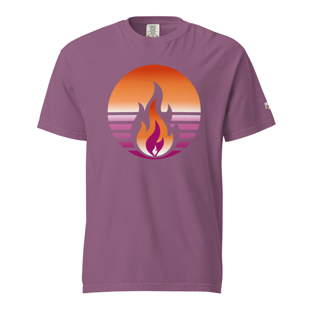 Lesbian Pride Fire Rising T-Shirt with retro pride flame graphic in Comfort Colors cotton by Sparked By Pride