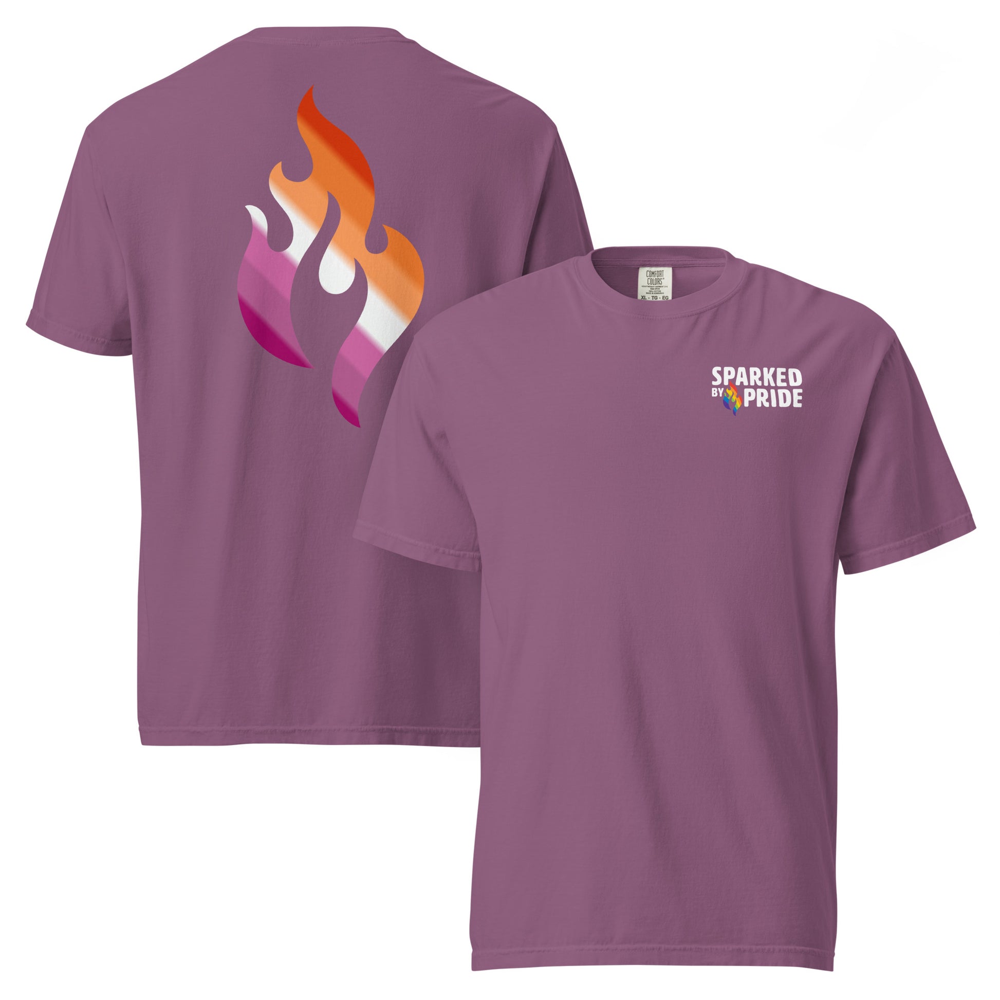 Lesbian Pride Flame T-shirt with retro pride flame graphic, unisex fit, comfort colors by Sparked By Pride