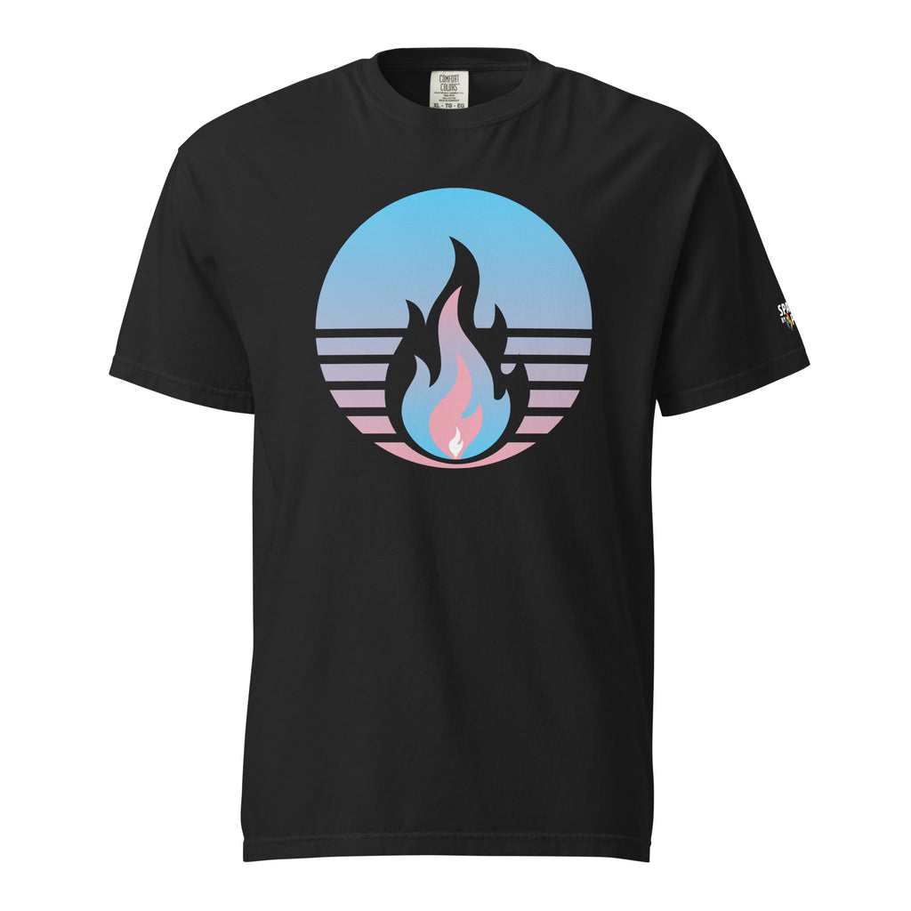 Trans Pride Fire Rising T-Shirt with retro pride flame graphic in trans colors, unisex pride apparel by Sparked By Pride
