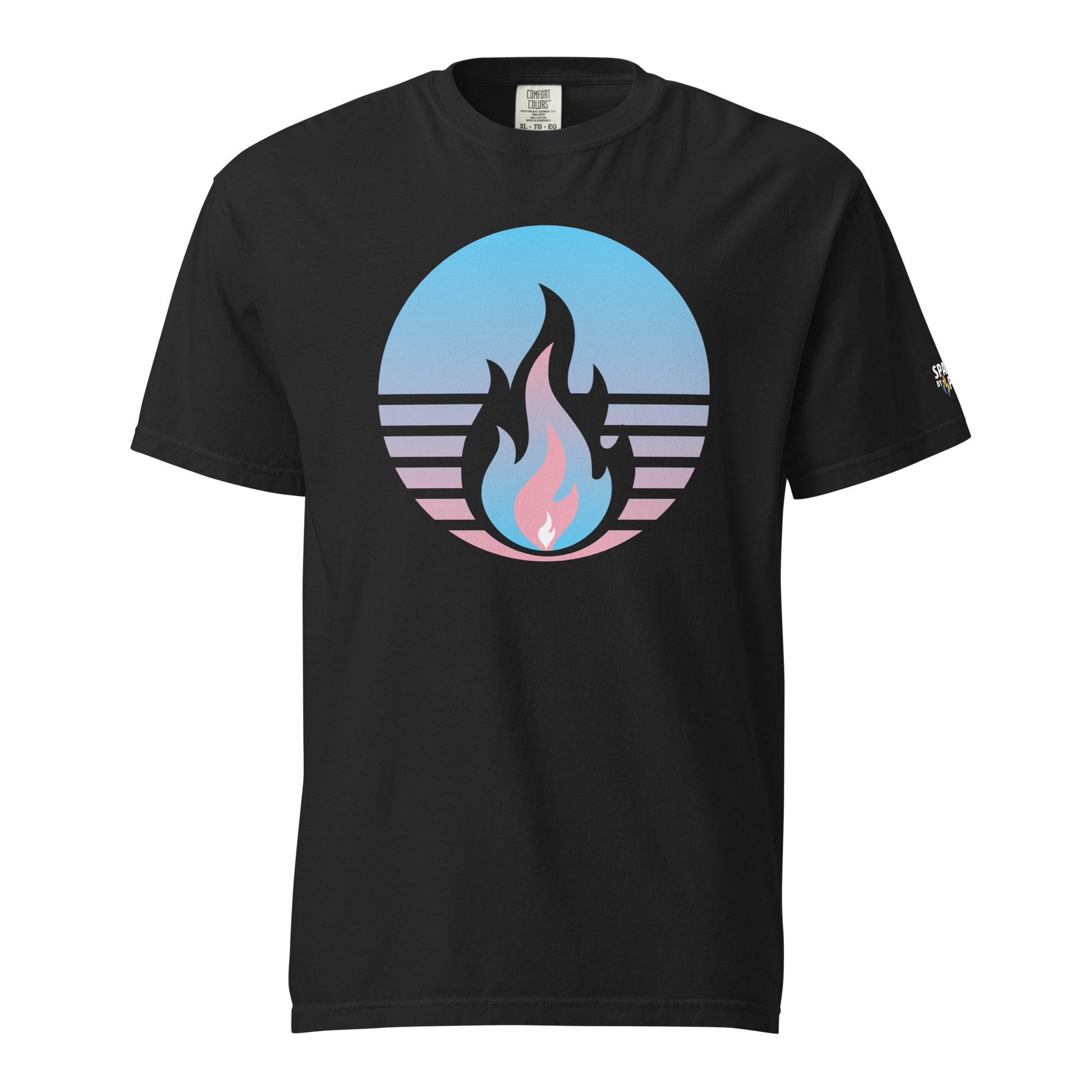 Trans Pride Fire Rising T-Shirt with retro pride flame graphic in trans colors, unisex pride apparel by Sparked By Pride