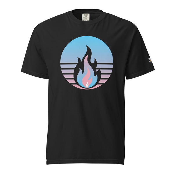 Trans Pride Fire Rising T-Shirt with retro pride flame graphic in trans colors, unisex pride apparel by Sparked By Pride