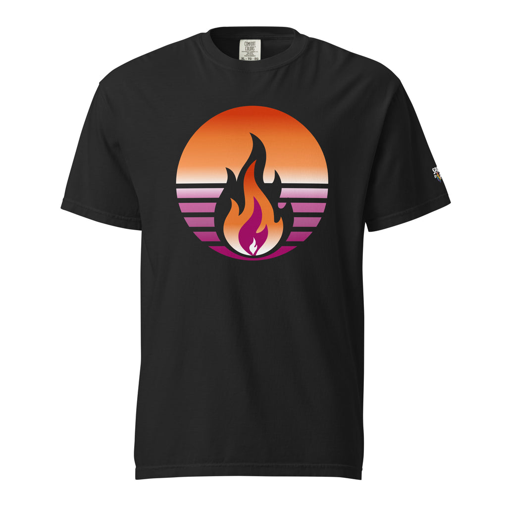 Lesbian Pride Fire Rising T-Shirt with retro pride flame graphic, unisex LGBTQ+ pride apparel by Sparked By Pride
