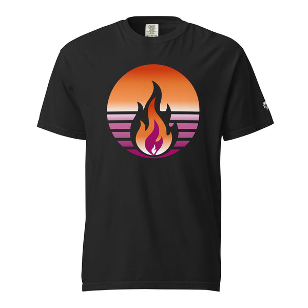 Lesbian Pride Fire Rising T-Shirt with retro pride flame graphic, unisex LGBTQ+ pride apparel by Sparked By Pride