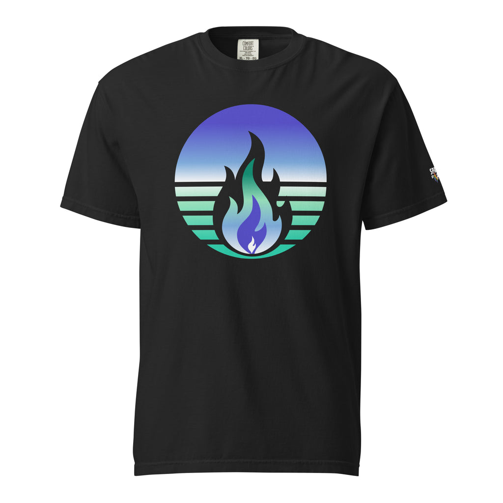 Gay Men Pride Fire Rising T-Shirt with retro pride flame, unisex comfort colors shirt by Sparked By Pride
