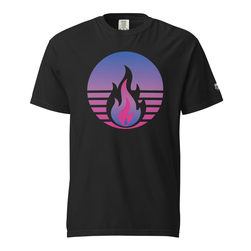 Bisexual Pride Fire Rising T-Shirt with retro pride flame graphic, unisex pride t-shirt by Sparked By Pride