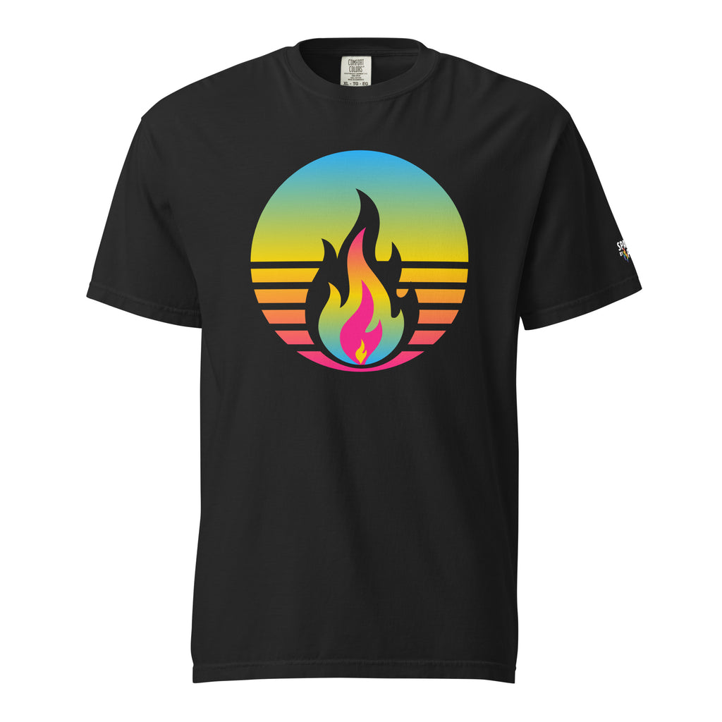 Pansexual Pride Fire Rising T-Shirt with retro pride flame graphic, unisex pride t-shirt by Sparked By Pride