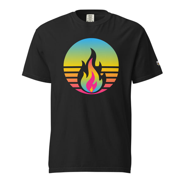 Pansexual Pride Fire Rising T-Shirt with retro pride flame graphic, unisex pride t-shirt by Sparked By Pride