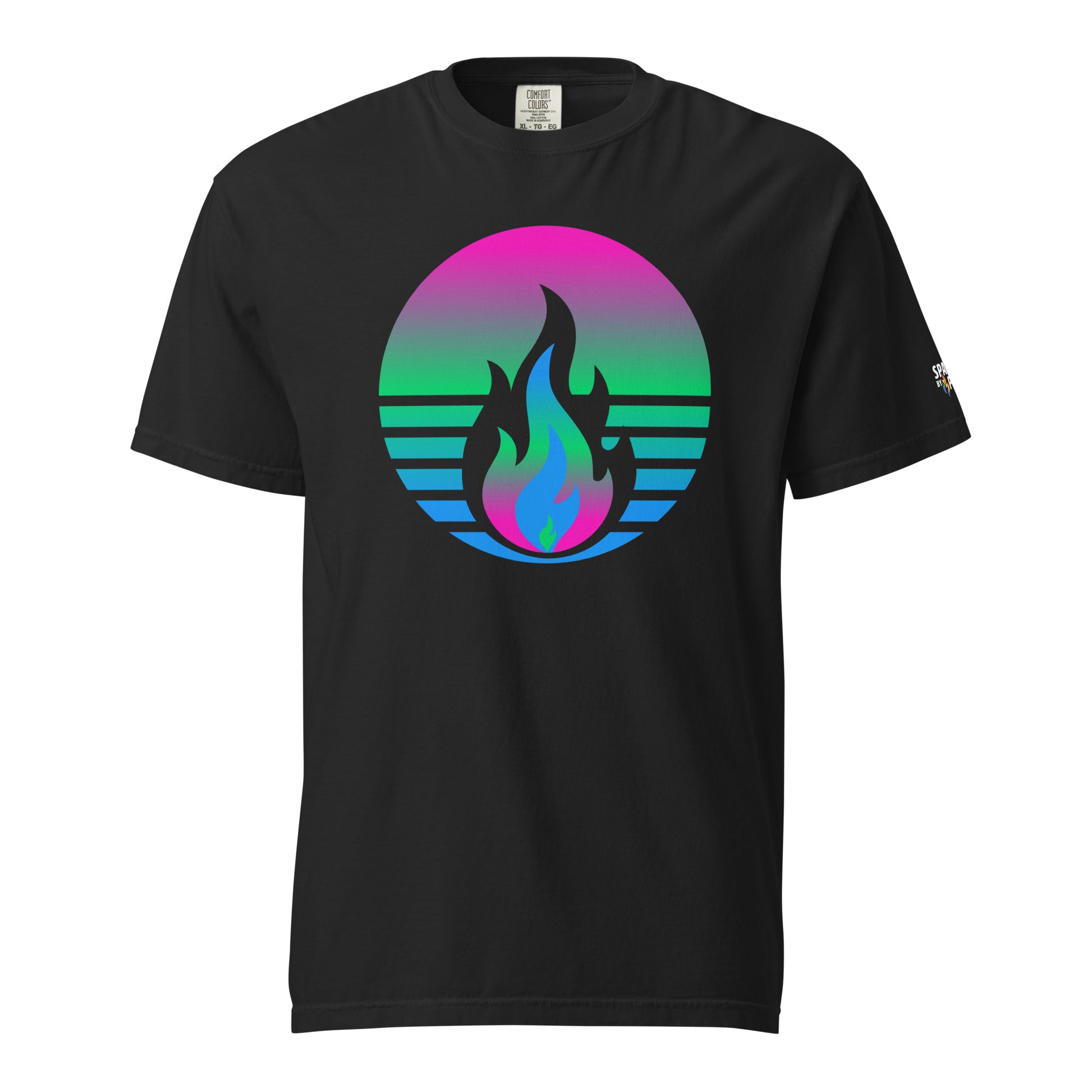 Polysexual Pride Fire Rising T-Shirt with retro pride flame graphic, unisex LGBTQ+ pride apparel by Sparked By Pride