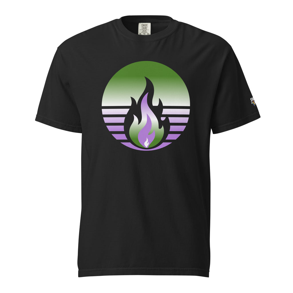 Genderqueer Pride Fire Rising T-Shirt with retro pride flame, unisex pride t-shirt by Sparked By Pride