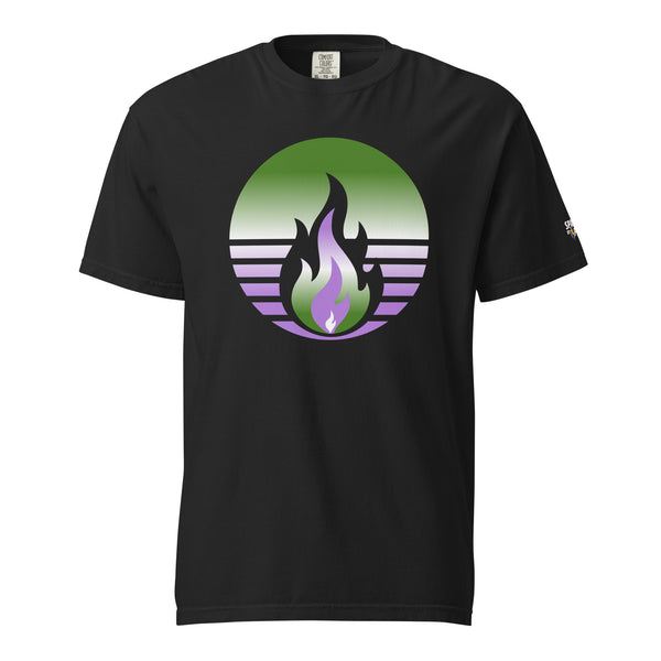 Genderqueer Pride Fire Rising T-Shirt with retro pride flame, unisex pride t-shirt by Sparked By Pride