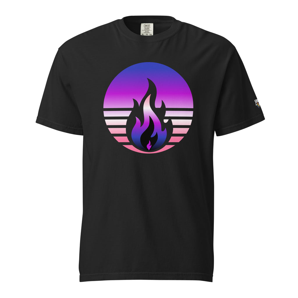 Genderfluid Pride Fire Rising T-Shirt with retro pride flame graphic, unisex pride t-shirt by Sparked By Pride