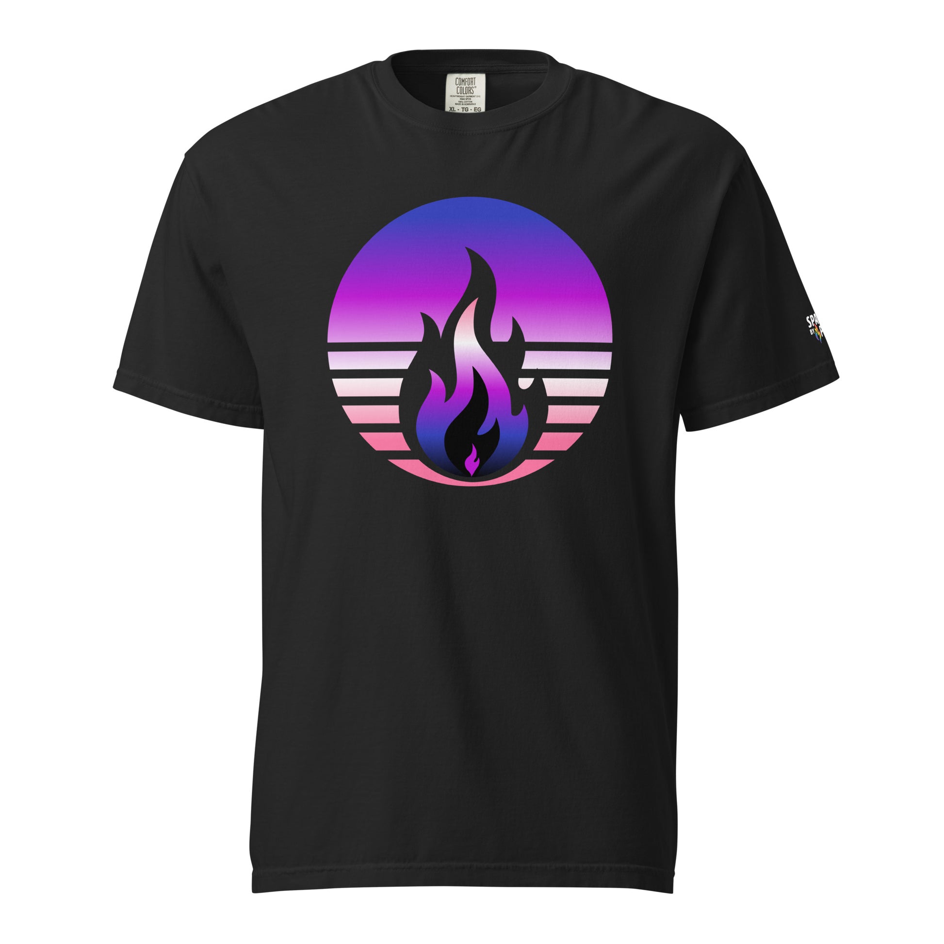 Genderfluid Pride Fire Rising T-Shirt with retro pride flame graphic, unisex pride t-shirt by Sparked By Pride