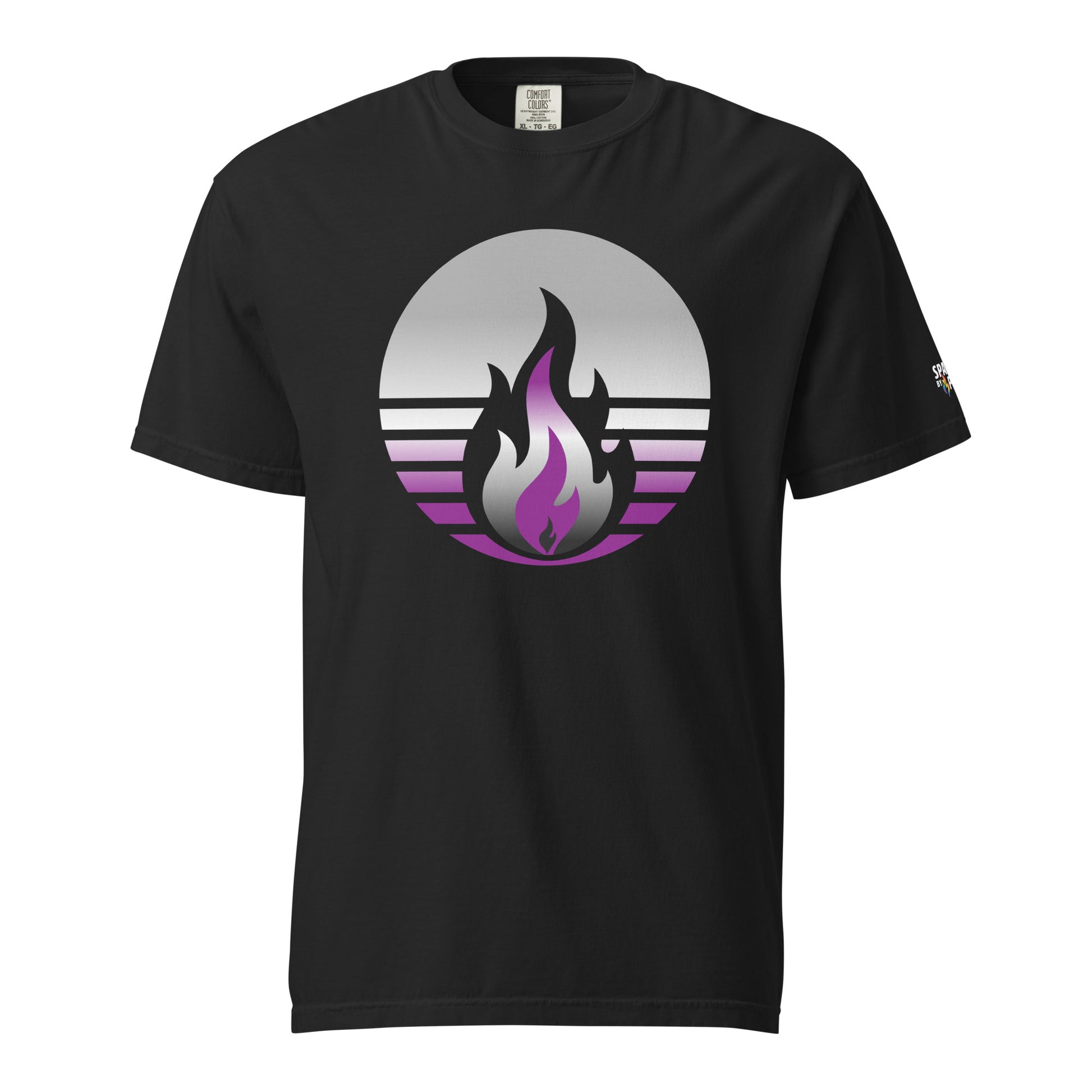 Asexual Pride Fire Rising T-Shirt with retro pride flame graphic in black, gray, white, purple by Sparked By Pride