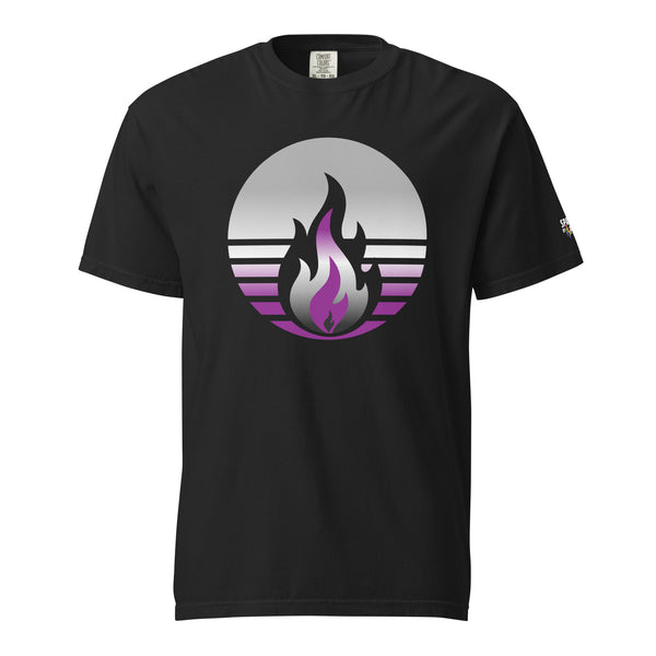 Asexual Pride Fire Rising T-Shirt with retro pride flame graphic in black, gray, white, purple by Sparked By Pride