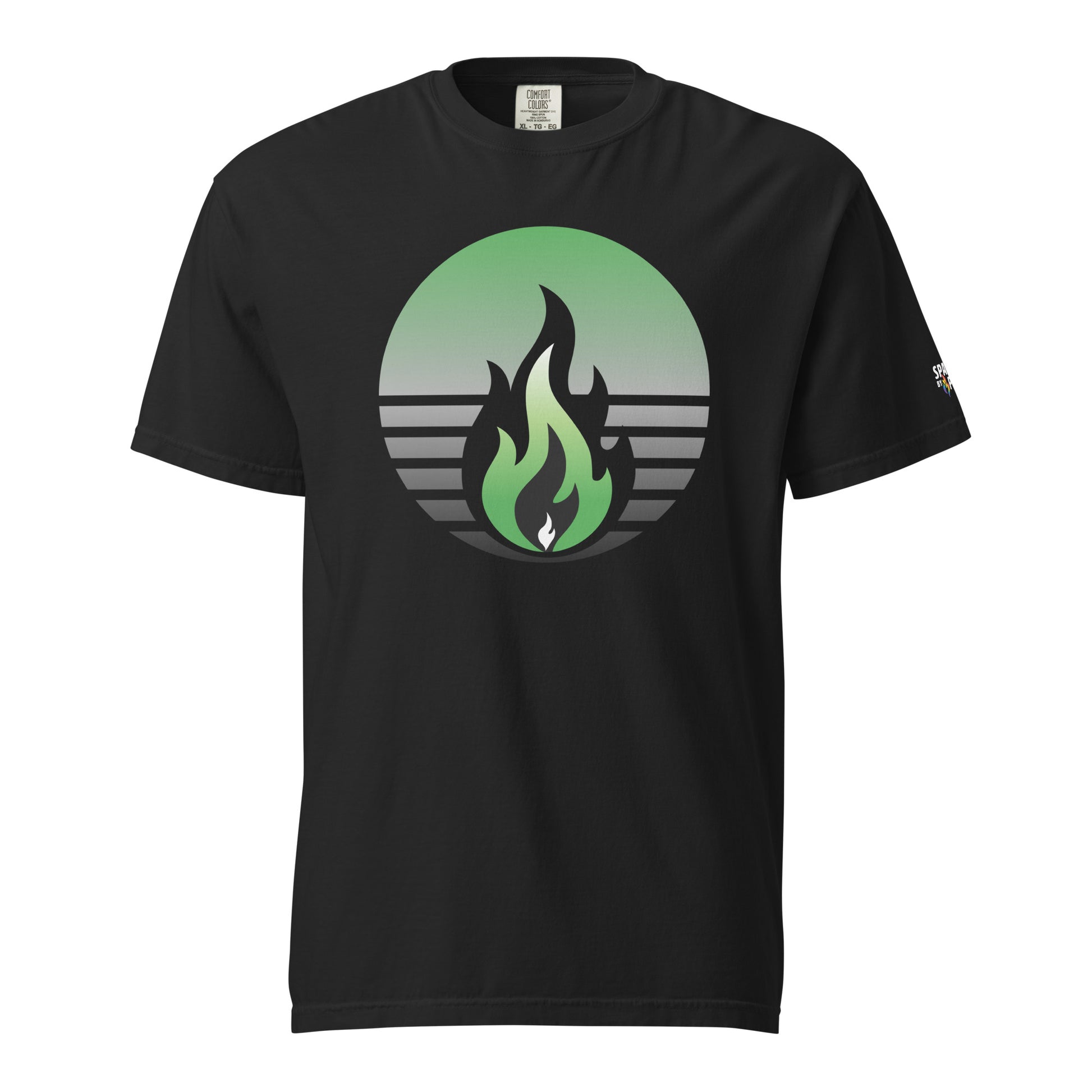 Aromantic Pride Fire Rising T-Shirt with retro pride flame graphic, unisex comfort shirt by Sparked By Pride