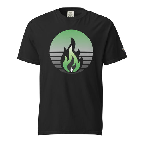 Aromantic Pride Fire Rising T-Shirt with retro pride flame graphic, unisex comfort shirt by Sparked By Pride