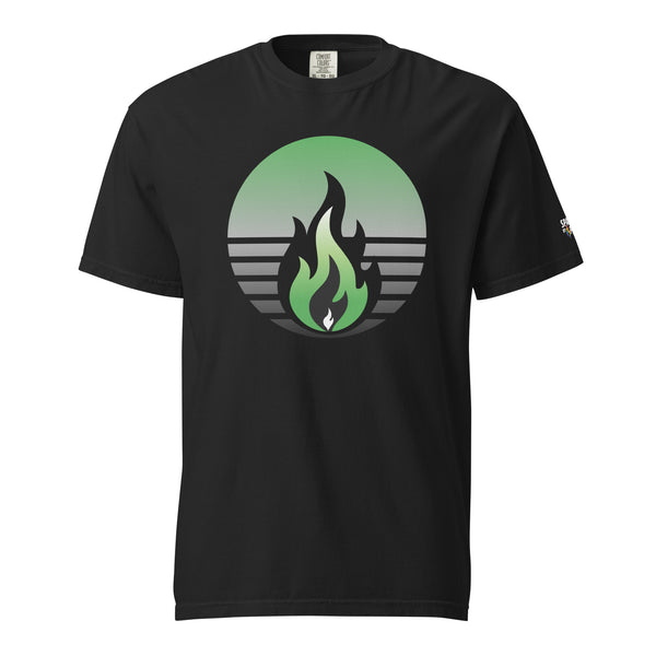 Aromantic Pride Fire Rising T-Shirt with retro pride flame graphic, unisex comfort shirt by Sparked By Pride