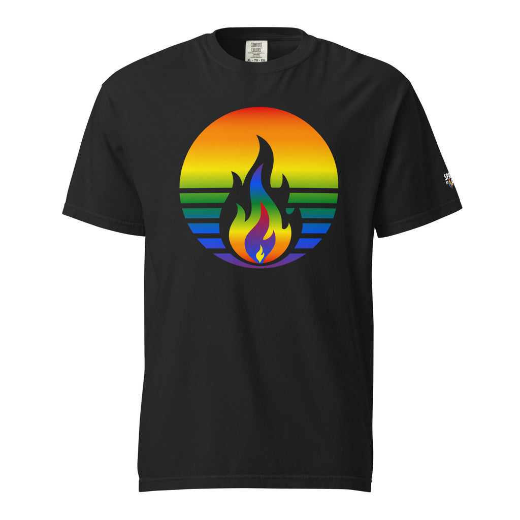 Rainbow Pride Fire Rising T-Shirt with retro pride flame graphic, LGBTQ+ pride apparel by Sparked By Pride.