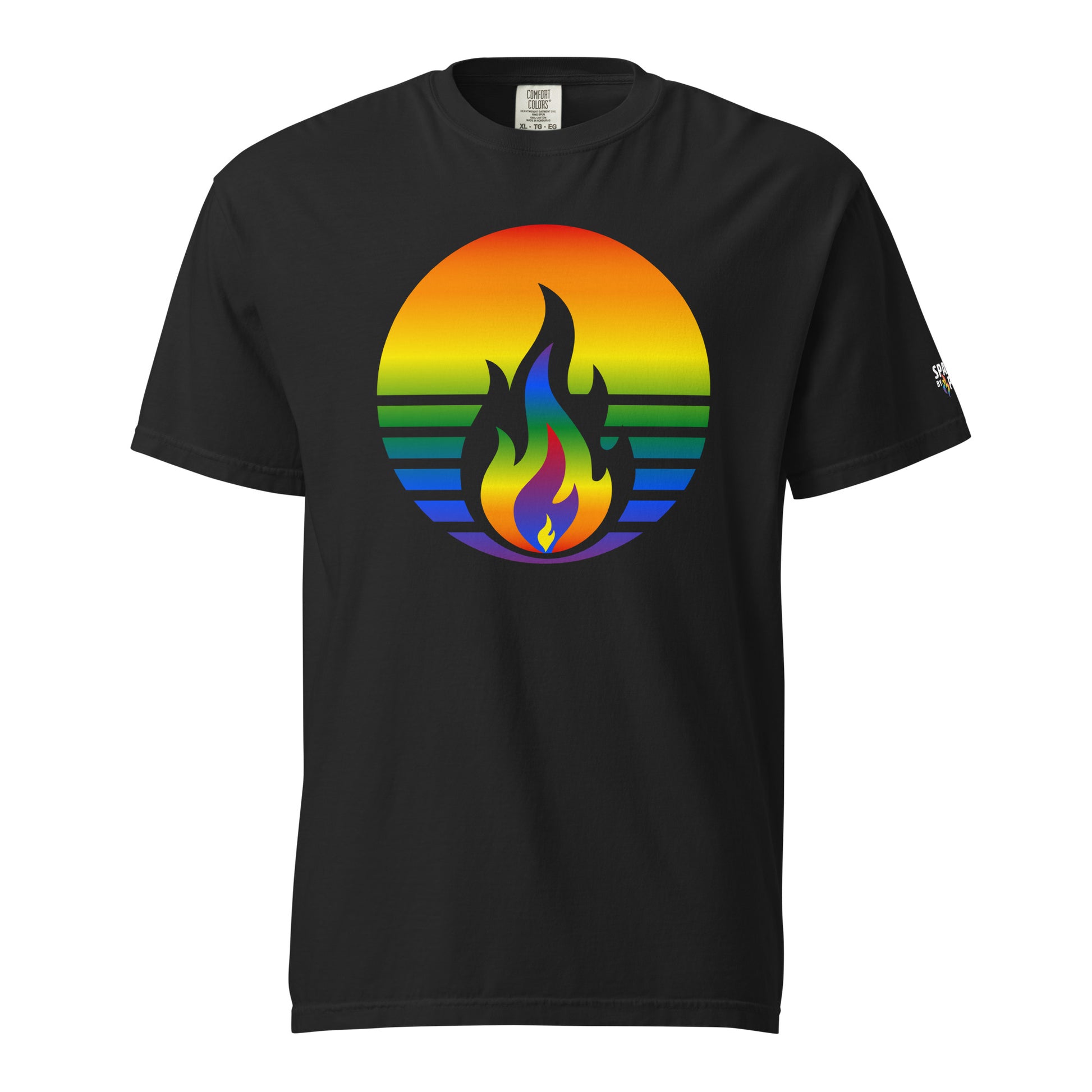 Rainbow Pride Fire Rising T-Shirt with retro pride flame graphic, LGBTQ+ pride apparel by Sparked By Pride.