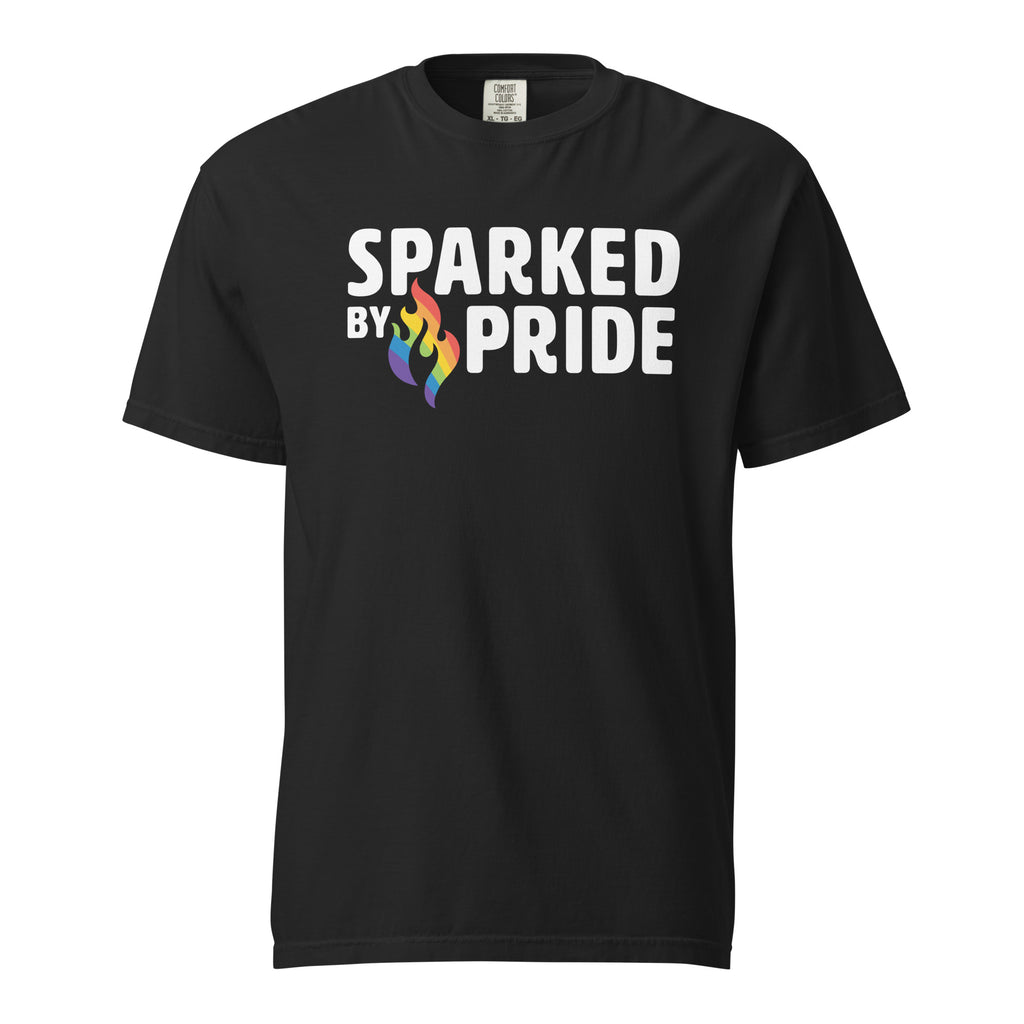 Black unisex pride t-shirt with printed pride flame graphic and Sparked by Pride logo by Sparked By Pride.