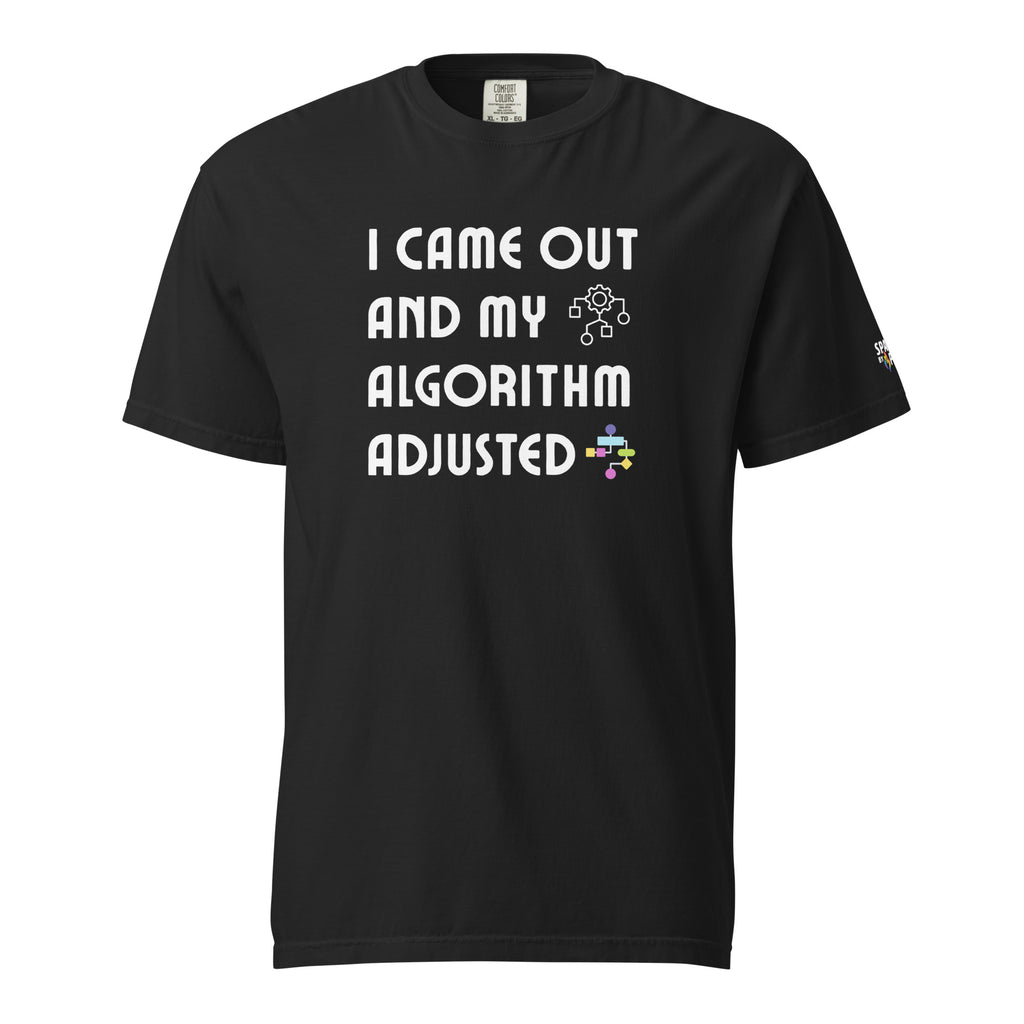 I Came Out and My Algorithm Adjusted T-Shirt unisex pride tee with printed pride flame graphic by Sparked By Pride