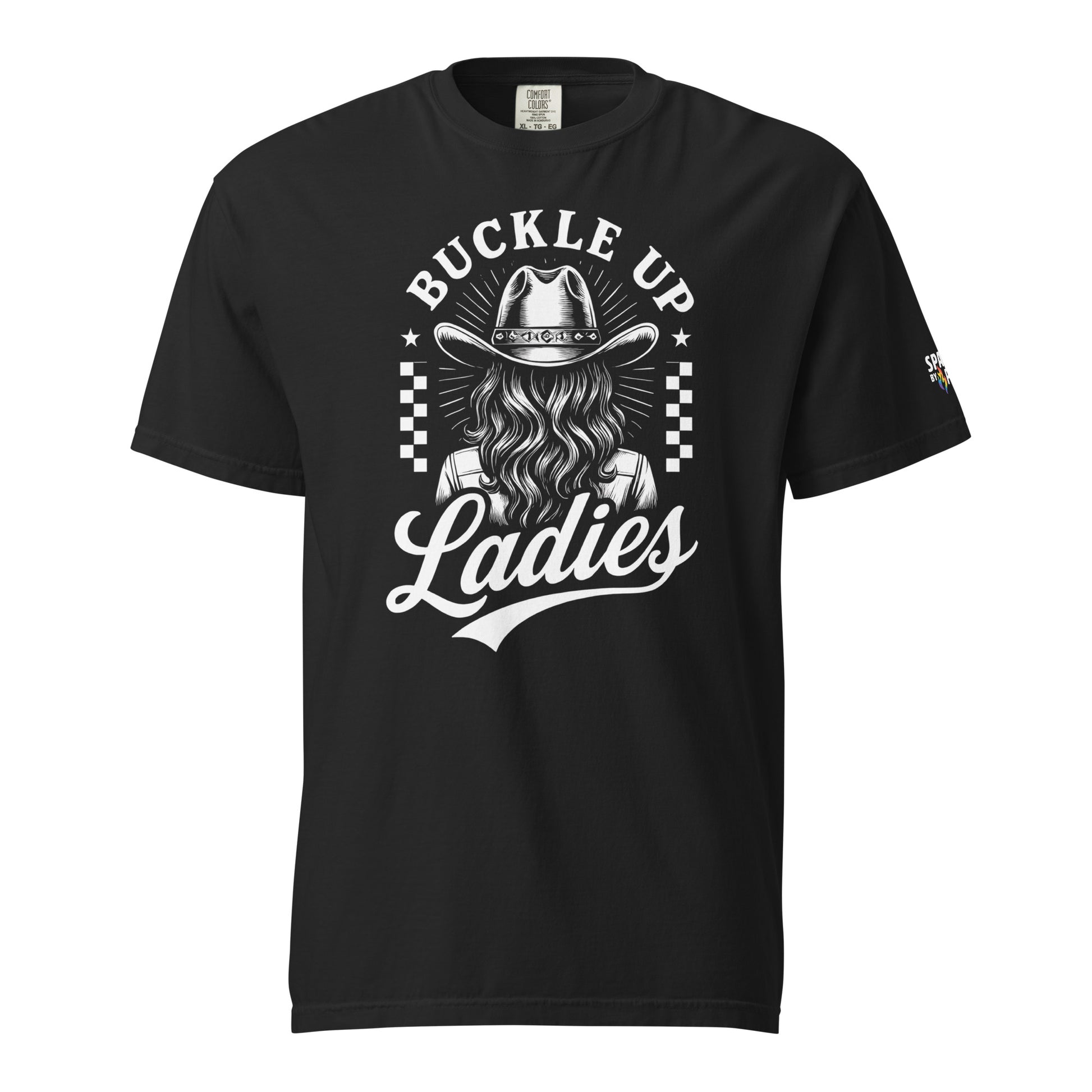 Buckle Up Ladies T-Shirt unisex pride tee with retro pride flame design, subtle LGBTQ shirt by Sparked By Pride