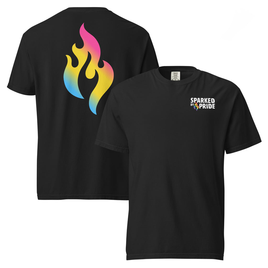 Pansexual Pride Flame T-shirt with retro pride flame graphic, unisex pride t-shirt by Sparked By Pride