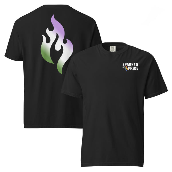 Genderqueer Pride Flame T-shirt with retro pride flame graphic, unisex pride t-shirt by Sparked By Pride