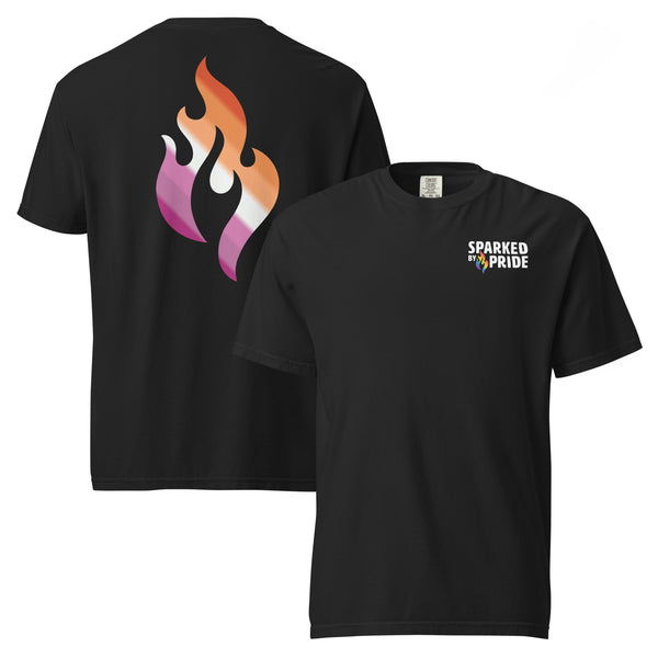 Lesbian Pride Flame T-shirt with printed pride flame graphic, unisex pride t-shirt by Sparked By Pride