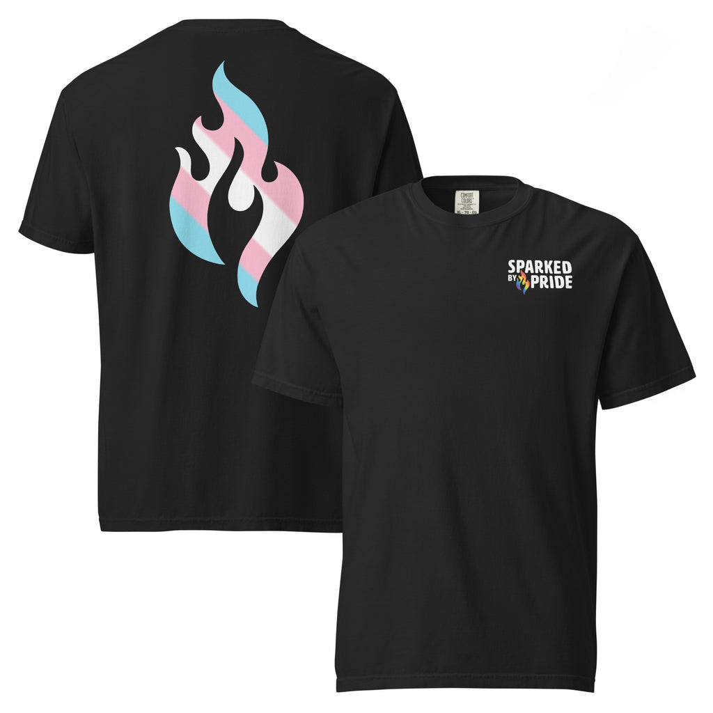 Transgender Pride Flame T-shirt with retro pride flame graphic, unisex comfort Colors shirt by Sparked By Pride
