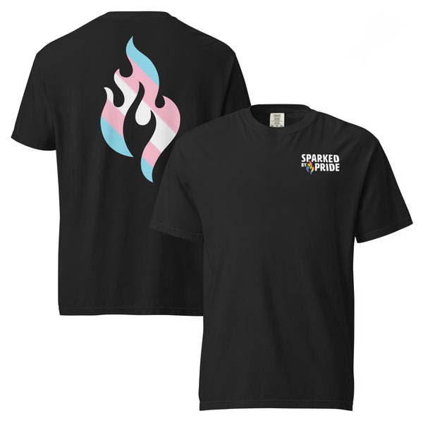 Transgender Pride Flame T-shirt with retro pride flame graphic, unisex comfort Colors shirt by Sparked By Pride