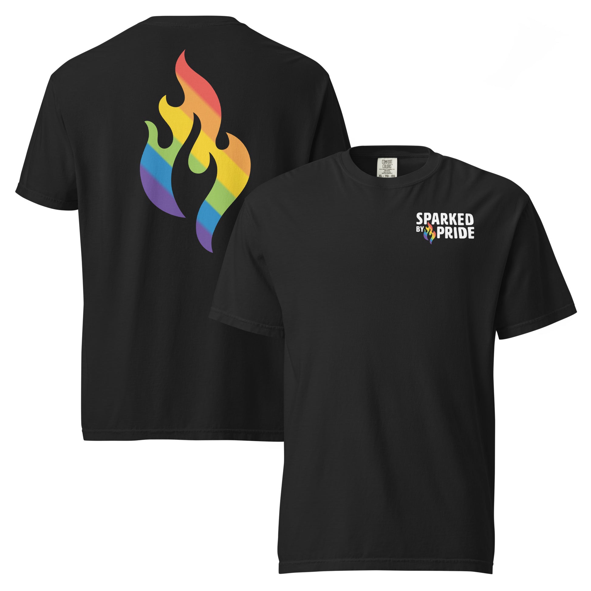 Rainbow Pride Flame T-Shirt with printed pride flame graphic, unisex fit, inclusive queer fashion by Sparked By Pride