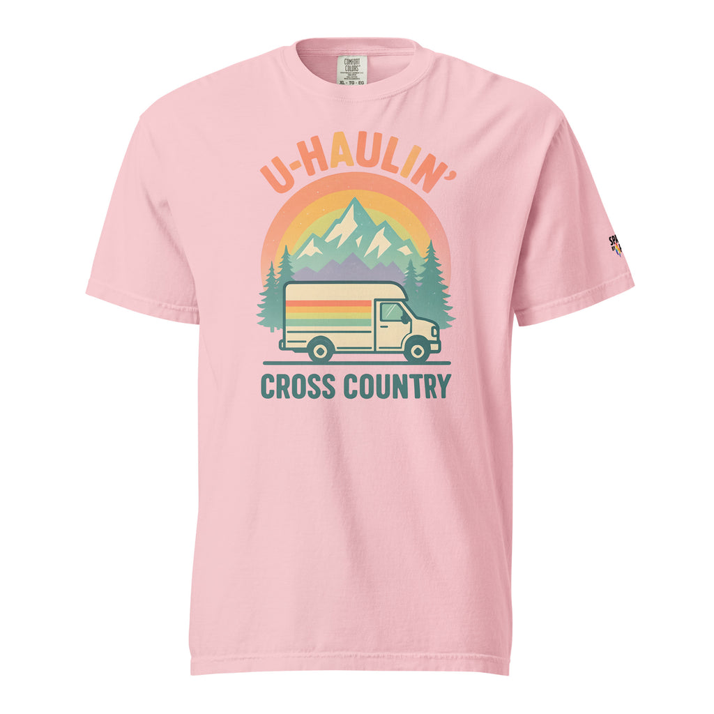 U-Haulin’ Cross Country T-Shirt unisex pride tee with printed pride flame graphic by Sparked By Pride