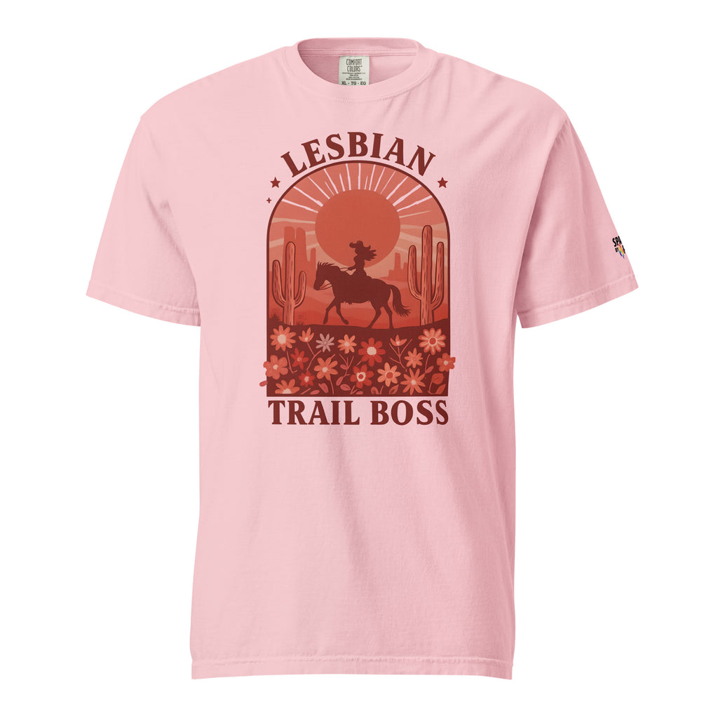 Lesbian Trail Boss T-Shirt unisex pride tee with retro pride flame graphic by Sparked By Pride