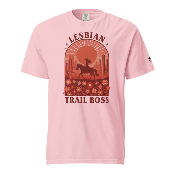 Lesbian Trail Boss T-Shirt unisex pride tee with retro pride flame graphic by Sparked By Pride