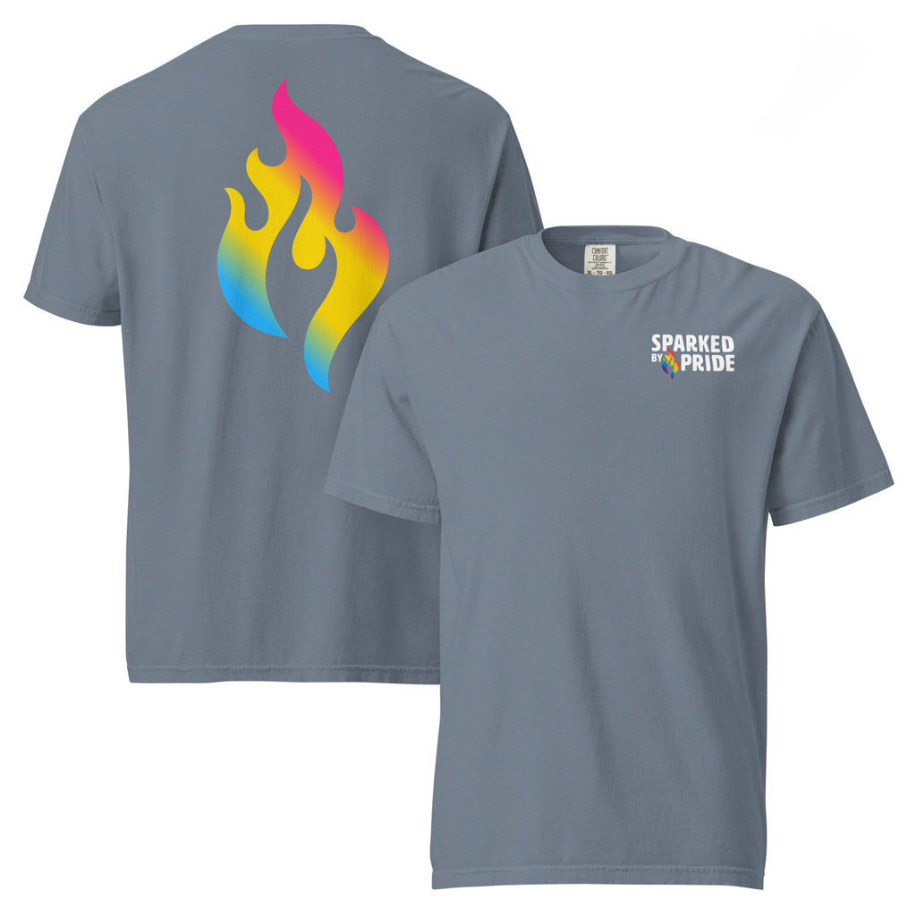 Pansexual Pride Flame T-shirt with retro pride flame graphic, unisex fit, Comfort Colors fabric by Sparked By Pride