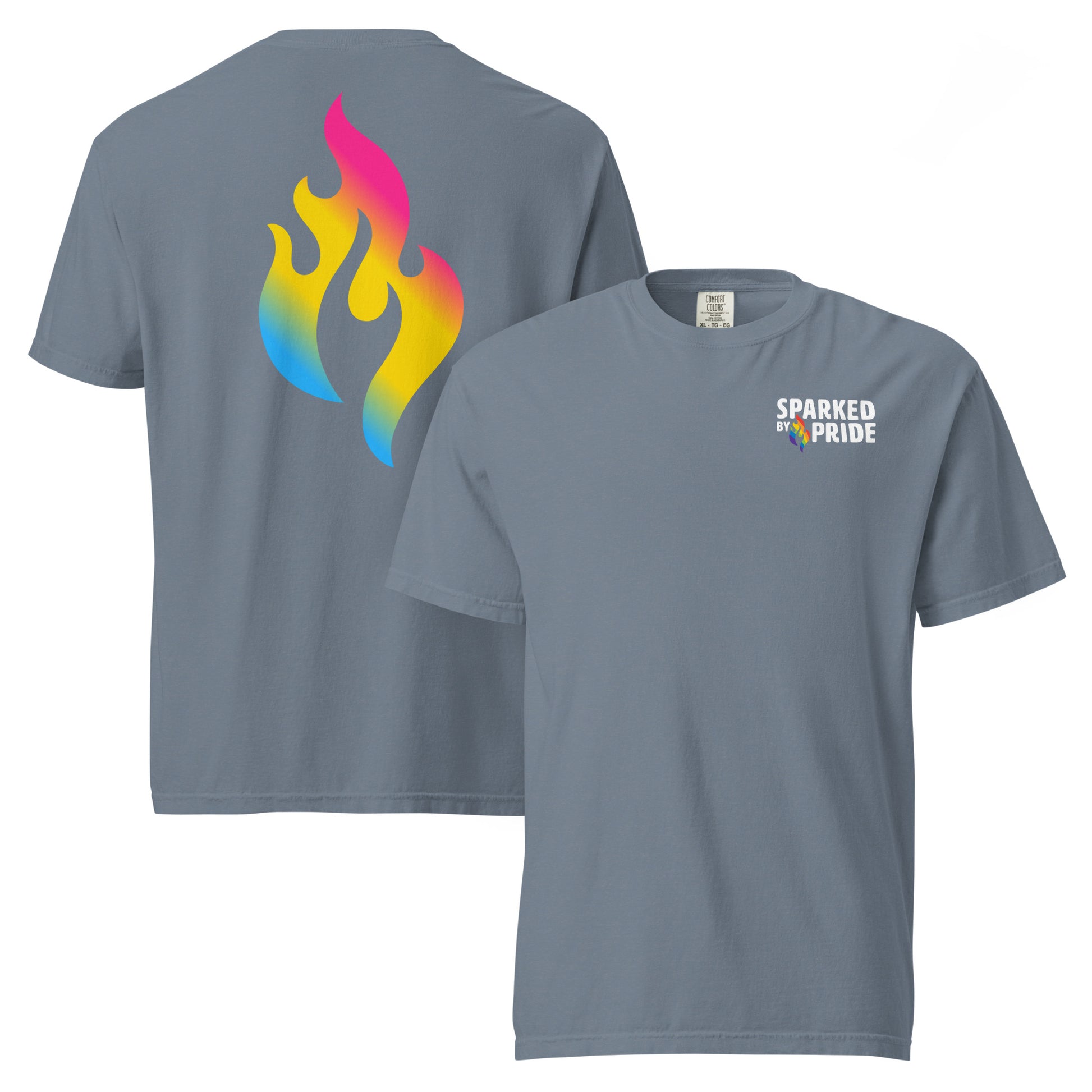 Pansexual Pride Flame T-shirt with retro pride flame graphic, unisex fit, Comfort Colors fabric by Sparked By Pride