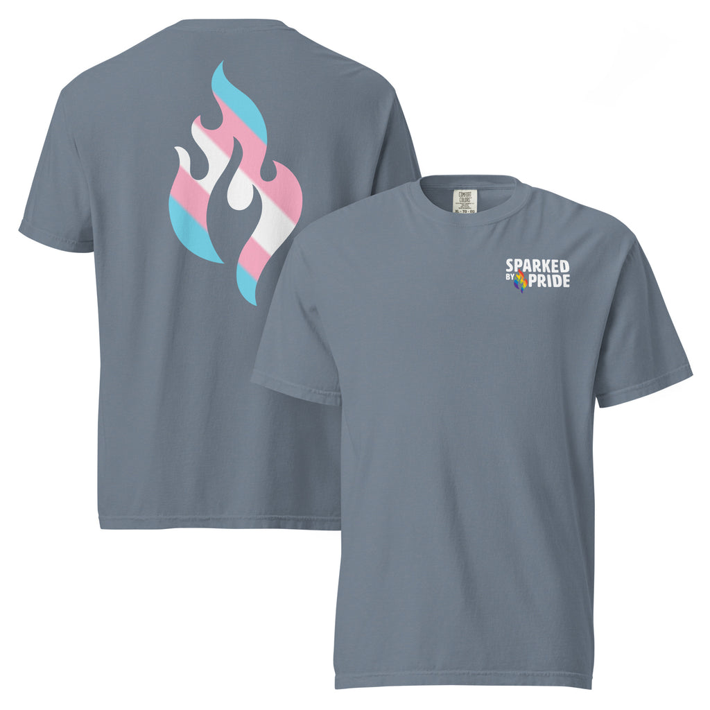 Transgender Pride Flame T-shirt with retro pride flame graphic, unisex comfort Colors shirt by Sparked By Pride
